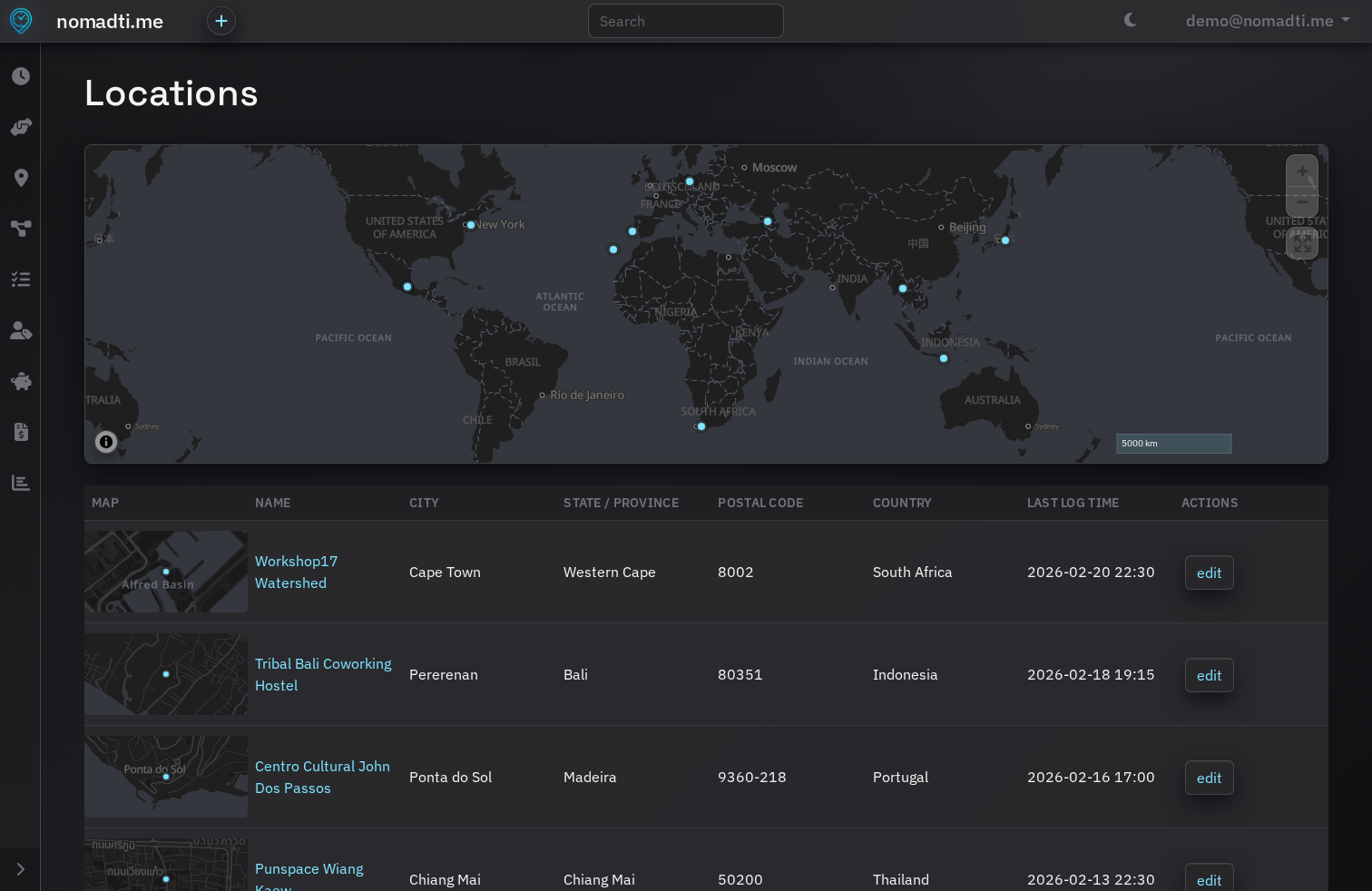Location index page in nomadti.me desktop app