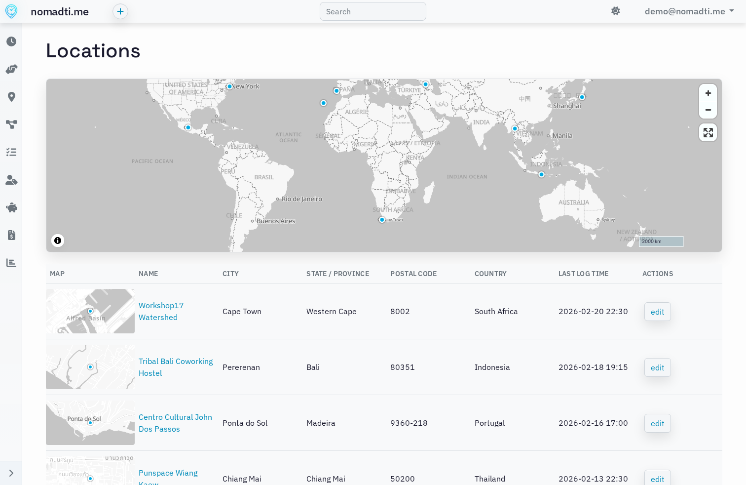 Location index page in nomadti.me desktop app