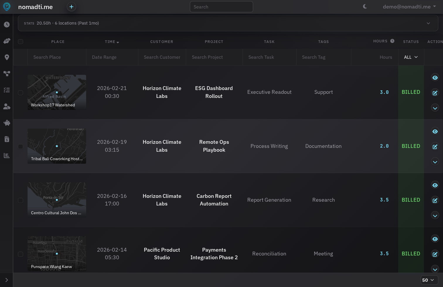 Timelog index page in nomadti.me desktop app
