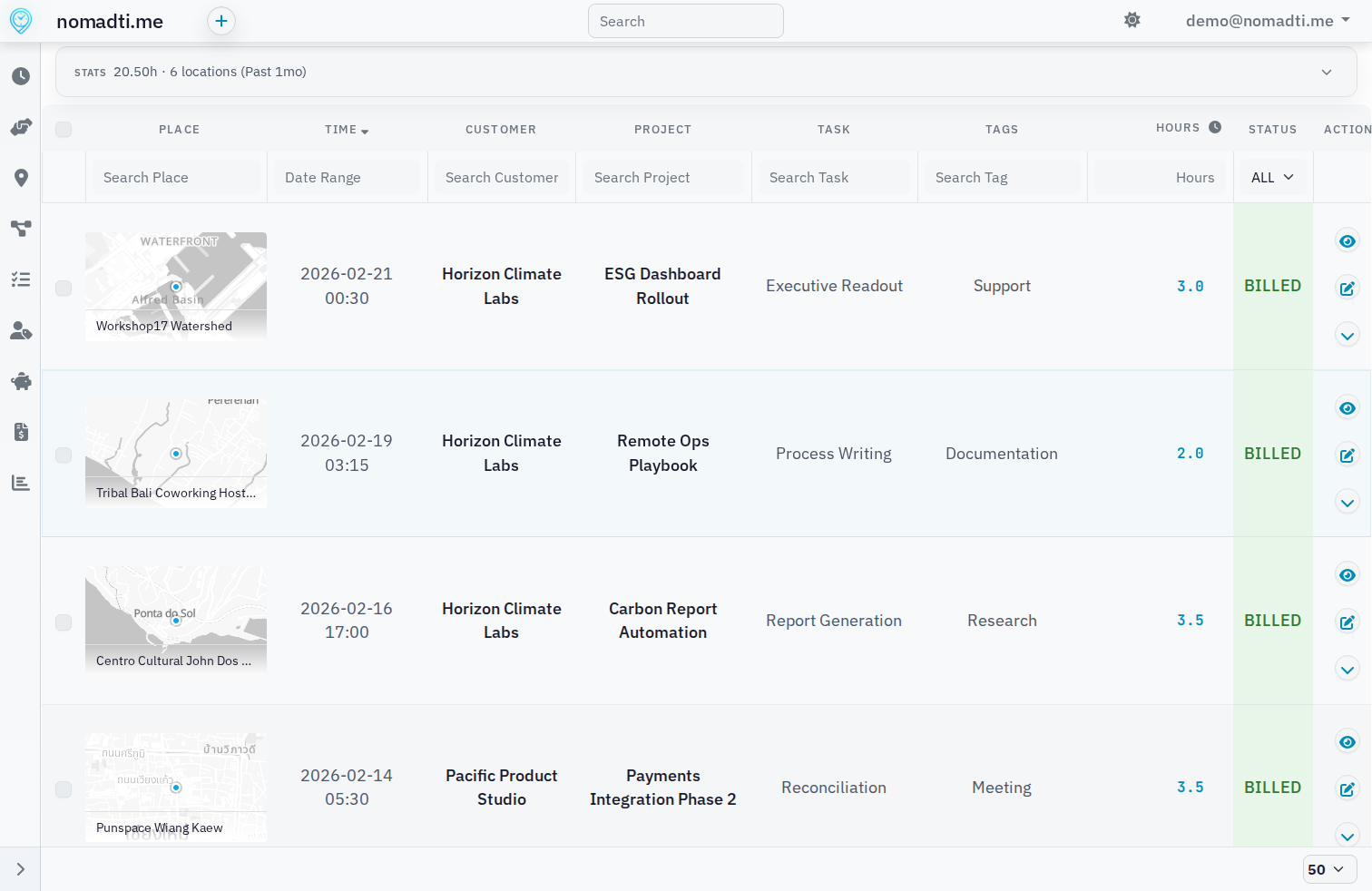Timelog index page in nomadti.me desktop app