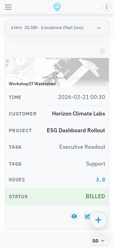 Timelog index page in nomadti.me mobile app